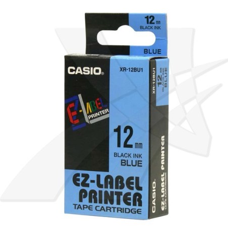 Casio originální páska do tiskárny štítků, Casio, XR-12BU1, černý tisk/modrý podklad, nelaminovaná, 8m, 12mm
