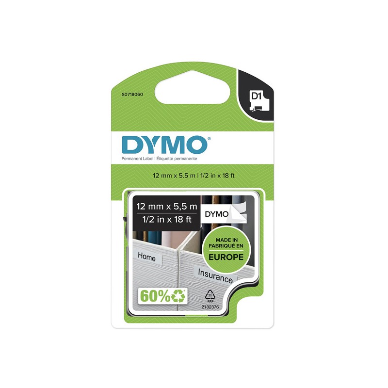 Dymo originální páska do tiskárny štítků, Dymo, 16959, S0718060, černý tisk/bílý podklad, 5.5m, 12mm, D1, speciální