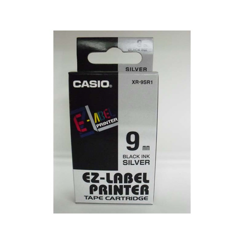 Casio originální páska do tiskárny štítků, Casio, XR-9SR1, černý tisk/stříbrný podklad, nelaminovaná, 8m, 9mm