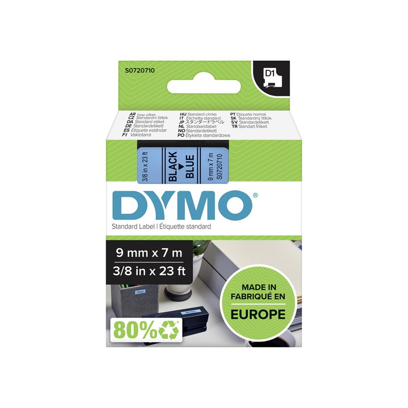 Dymo originální páska do tiskárny štítků, Dymo, 40916, S0720710, černý tisk/modrý podklad, 7m, 9mm, D1