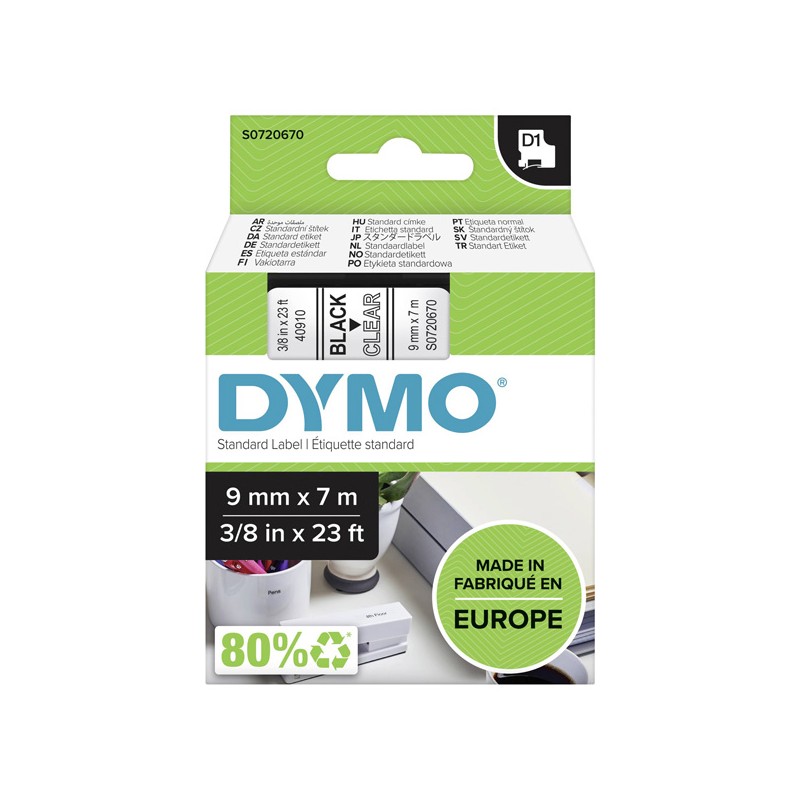 Dymo originální páska do tiskárny štítků, Dymo, 40910, S0720670, černý tisk/transparentní podklad, 7m, 9mm, D1