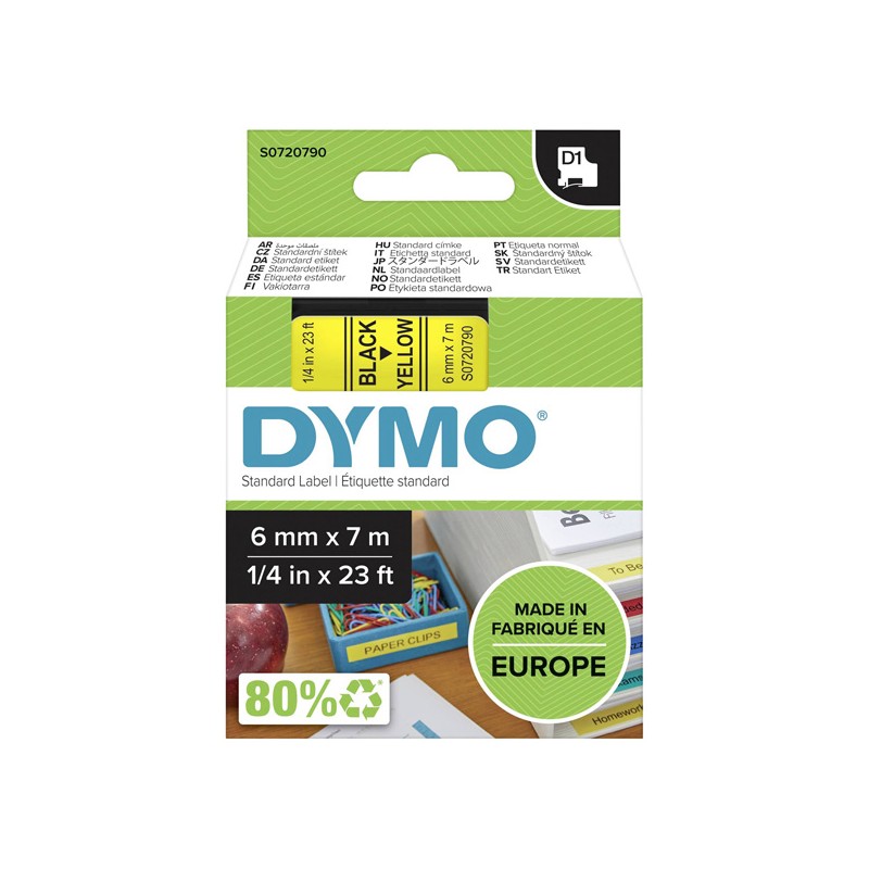 Dymo originální páska do tiskárny štítků, Dymo, 43618, S0720790, černý tisk/žlutý podklad, 7m, 6mm, D1
