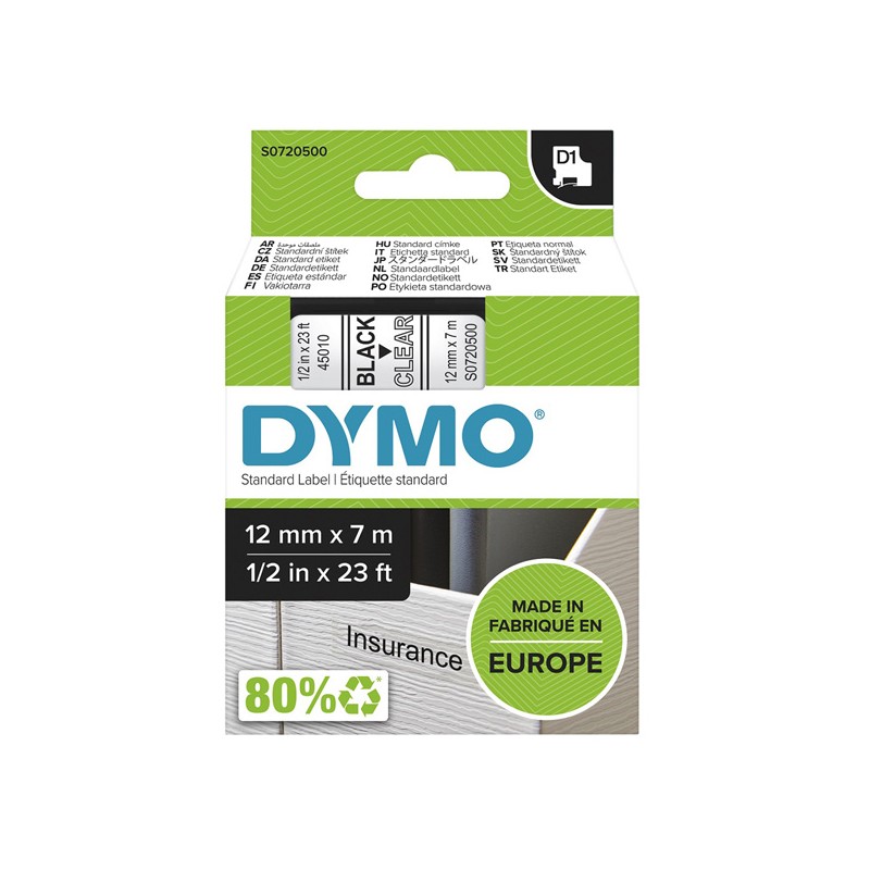 Dymo originální páska do tiskárny štítků, Dymo, 45010, S0720500, černý tisk/průhledný podklad, 7m, 12mm, D1