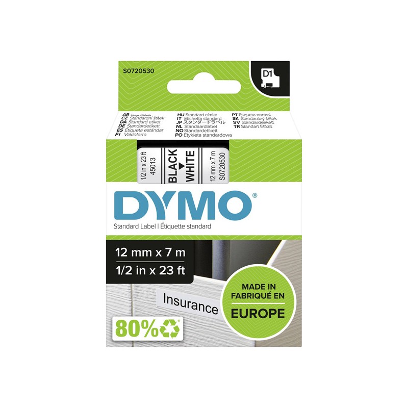 Dymo originální páska do tiskárny štítků, Dymo, 45013, S0720530, černý tisk/bílý podklad, 7m, 12mm, D1