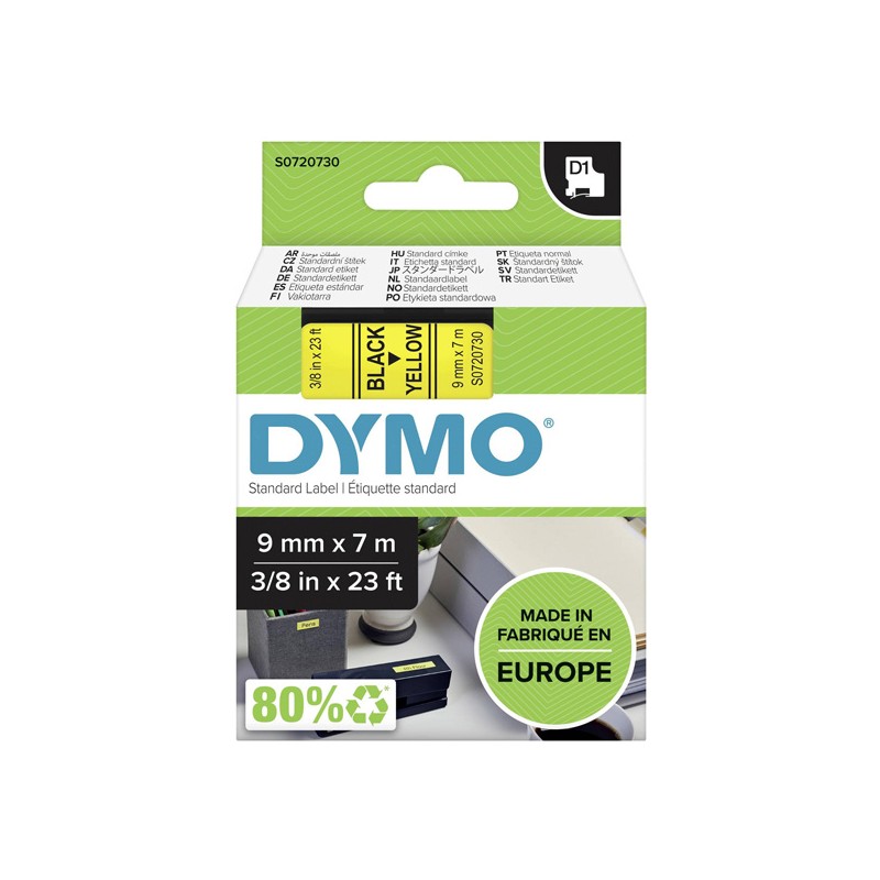 Dymo originální páska do tiskárny štítků, Dymo, 40918, S0720730, černý tisk/žlutý podklad, 7m, 9mm, D1