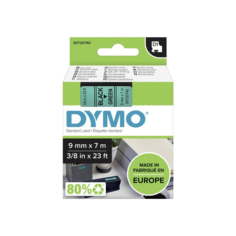 Dymo originální páska do tiskárny štítků, Dymo, 40919, S0720740, černý tisk/zelený podklad, 7m, 9mm, D1