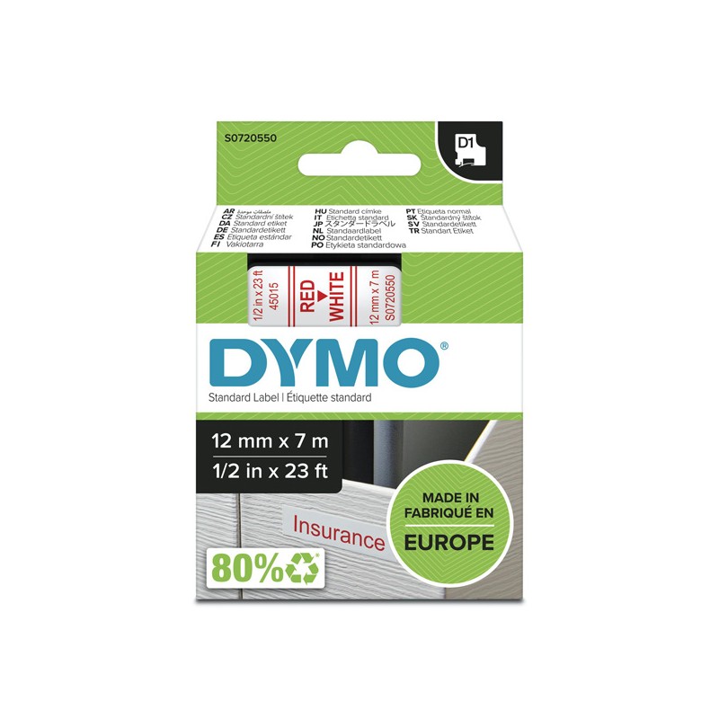 Dymo originální páska do tiskárny štítků, Dymo, 45015, S0720550, červený tisk/bílý podklad, 7m, 12mm, D1