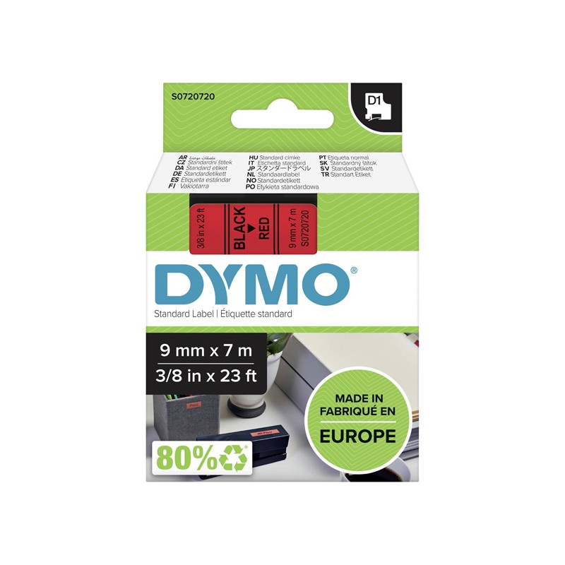 Dymo originální páska do tiskárny štítků, Dymo, 40917, S0720720, černý tisk/červený podklad, 7m, 9mm, D1