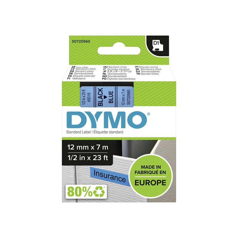 Dymo originální páska do tiskárny štítků, Dymo, 45016, S0720560, černý tisk/modrý podklad, 7m, 12mm, D1