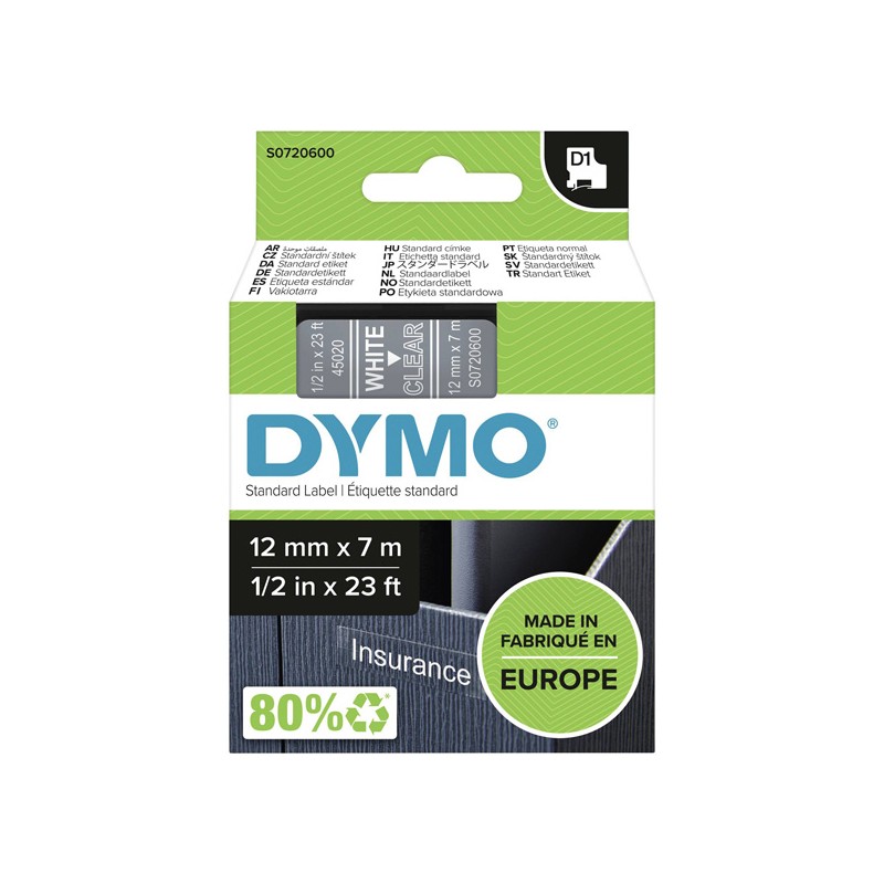 Dymo originální páska do tiskárny štítků, Dymo, 45020, S0720600, bílý tisk/transparentní podklad, 7m, 12mm, D1
