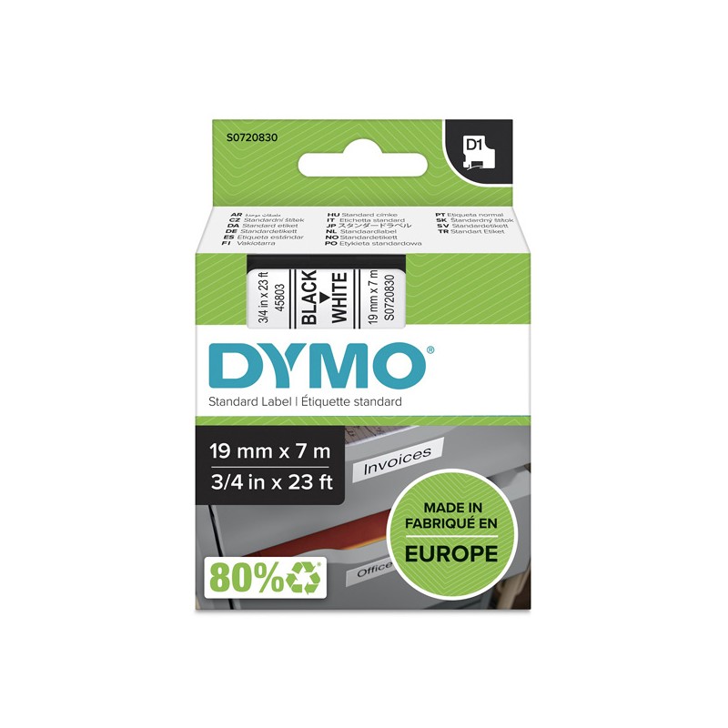 Dymo originální páska do tiskárny štítků, Dymo, 45803, S0720830, černý tisk/bílý podklad, 7m, 19mm, D1
