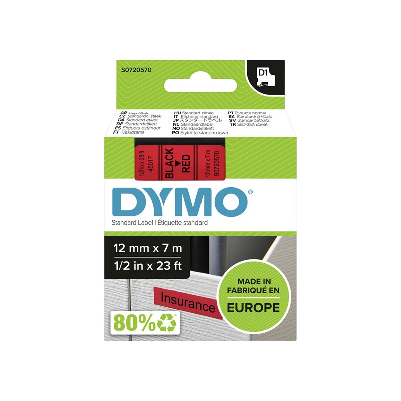 Dymo originální páska do tiskárny štítků, Dymo, 45017, S0720570, černý tisk/červený podklad, 7m, 12mm, D1