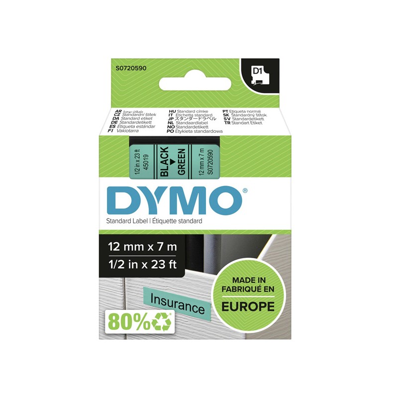 Dymo originální páska do tiskárny štítků, Dymo, 45019, S0720590, černý tisk/zelený podklad, 7m, 12mm, D1