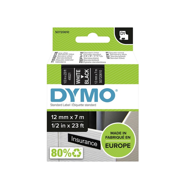 Dymo originální páska do tiskárny štítků, Dymo, 45021, S0720610, bílý tisk/černý podklad, 7m, 12mm, D1