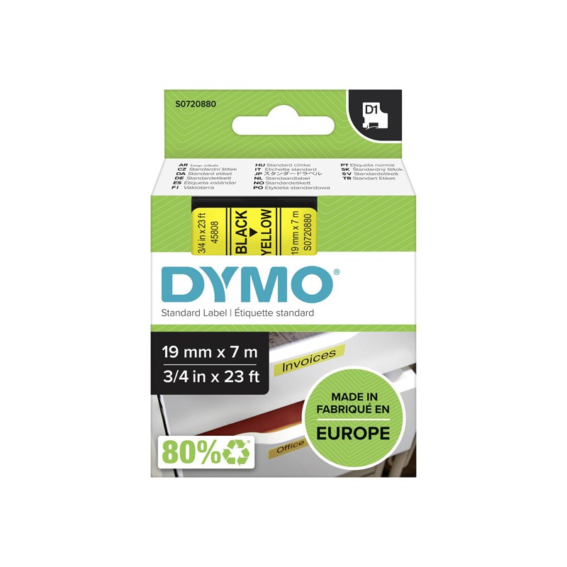 Dymo originální páska do tiskárny štítků, Dymo, 45808, S0720880, černý tisk/žlutý podklad, 7m, 19mm, D1
