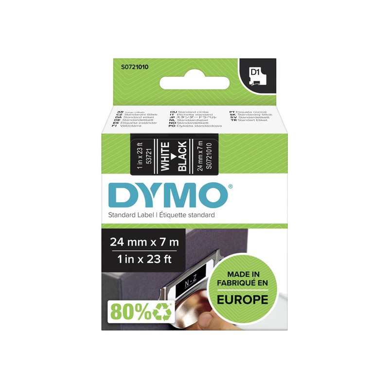 Dymo originální páska do tiskárny štítků, Dymo, 53721, S0721010, bílý tisk/černý podklad, 7m, 24mm, D1