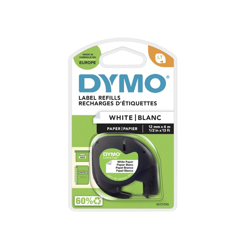 Dymo originální páska do tiskárny štítků, Dymo, 59421, S0721510, černý tisk/bílý podklad, 4m, 12mm, LetraTag papírová páska