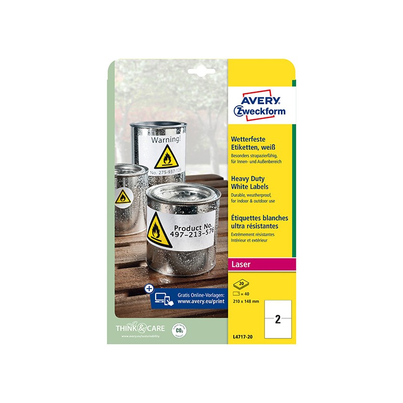 Avery Zweckform etikety 210mm x 148mm, A4, matné, bílé, 2 etikety, velmi odolné, baleno po 20 ks, L4717-20, pro laserové
