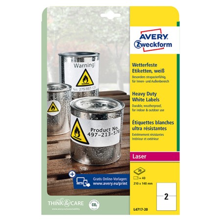 Avery Zweckform etikety 210mm x 148mm, A4, matné, bílé, 2 etikety, velmi odolné, baleno po 20 ks, L4717-20, pro laserové