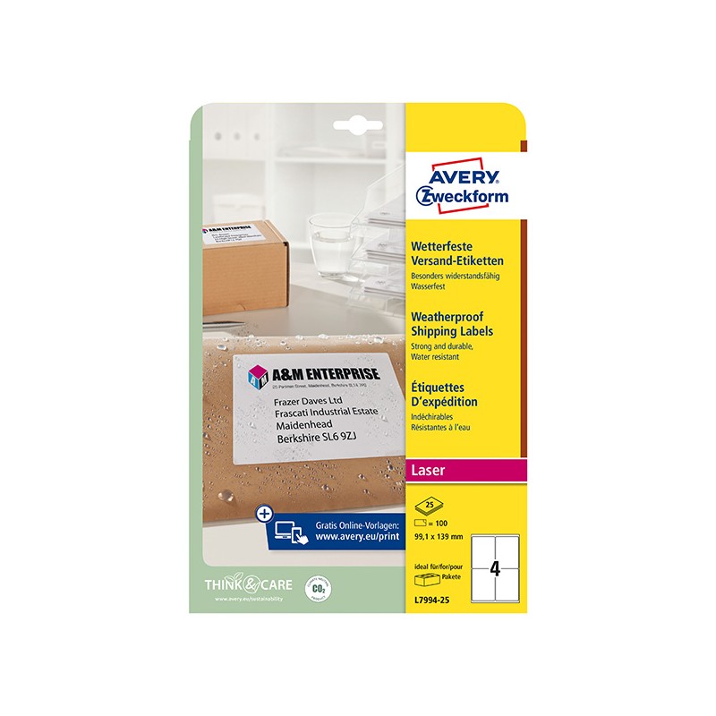Avery Zweckform etikety 99.1mm x 139mm, A4, bílé, 1 etiketa, voděodolné, baleno po 25 ks, L7994-25, pro laserové tiskárny