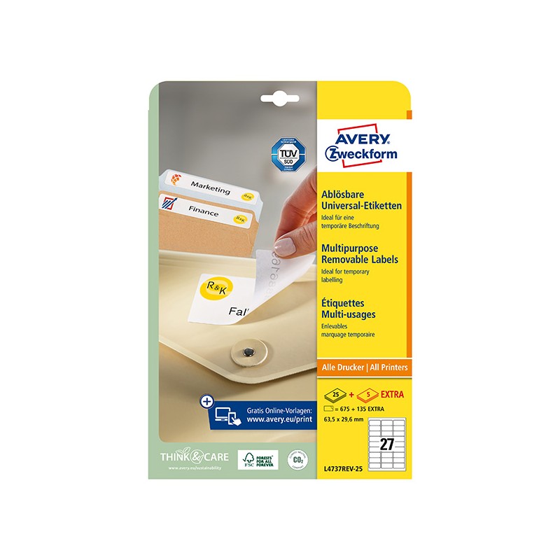 Avery Zweckform etikety 63.5mm x 29.6mm, A4, bílé, 27 etiket, odnímatelná, baleno po 25 ks, L4737REV-25, pro laserové a