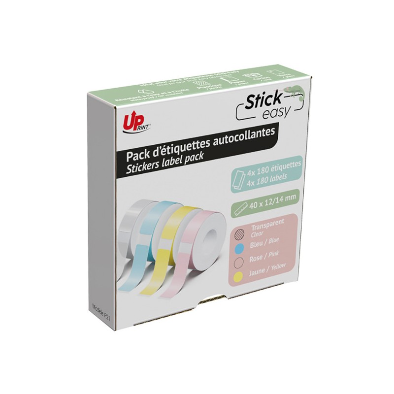 UPrint etikety 14mmx40mm, pink, yellow, blue, transparent, 180 etiket, UP21 4x180 PASTEL, pro tiskárny StickEasy