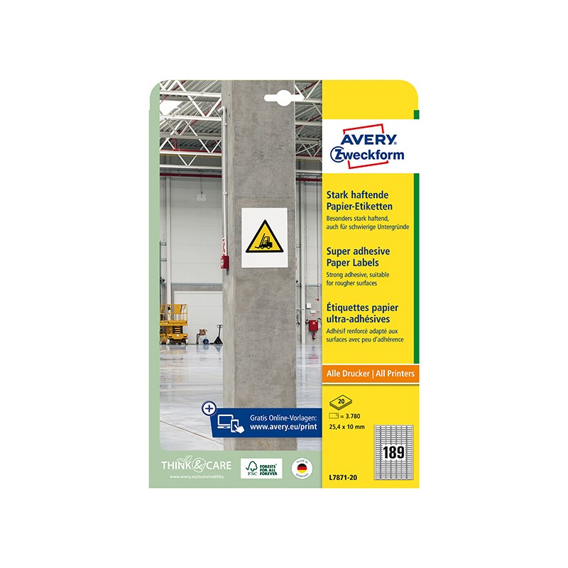 Avery Zweckform etikety 25.4mm x 10mm, A4, bílé, 189 etiket, s vysokou lepivostí, baleno po 20 ks, L7871-20, pro laserové a