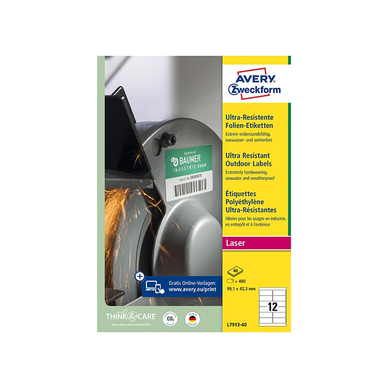 Avery Zweckform etikety 99.1mm x 42.3mm, A4, bílé, 12 etiket, velmi odolné, baleno po 40 ks, L7913-40, pro laserové tiskárny a