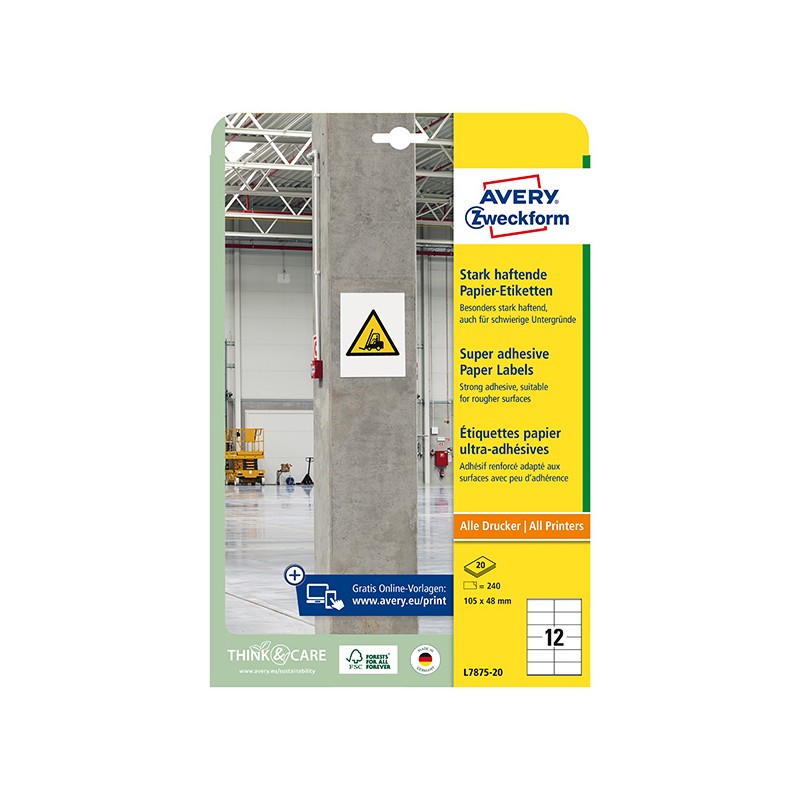 Avery Zweckform etikety 105mm x 48mm, A4, bílé, 12 etiket, s vysokou lepivostí, baleno po 20 ks, L7875-20, pro laserové a