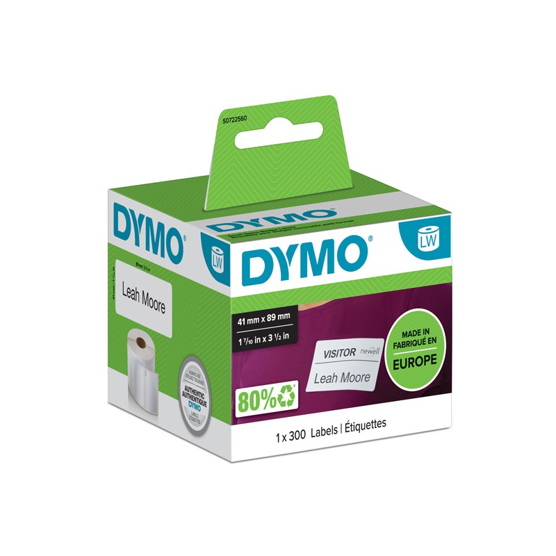 Dymo papírové štítky 89mm x 41mm, bílé, na jmenovky, snímatelné, 300 ks, 11356, S0722560