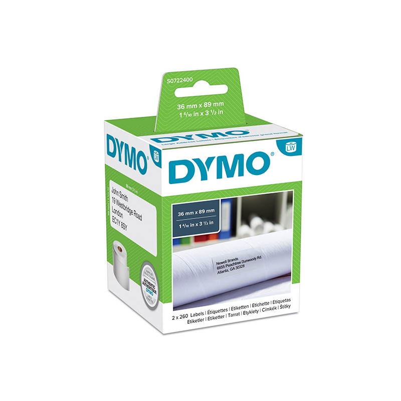 Dymo papírové štítky 89mm x 36mm, bílé, velké, 2x260 ks, 99012, S0722400