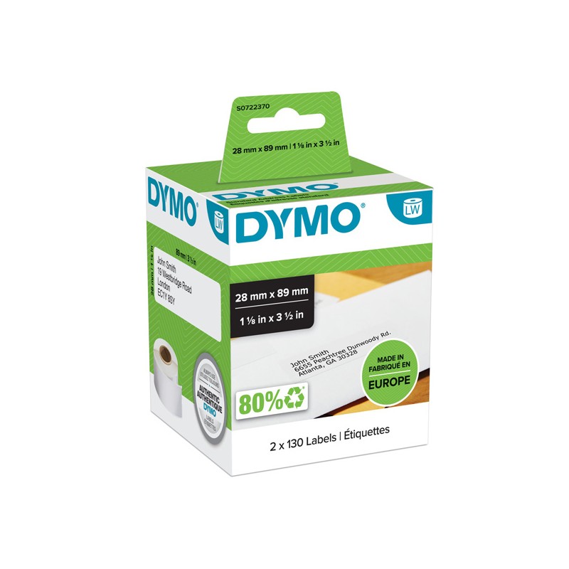 Dymo papírové štítky 89mm x 28mm, bílé, adresní, 2X130 ks, 99010, S0722370