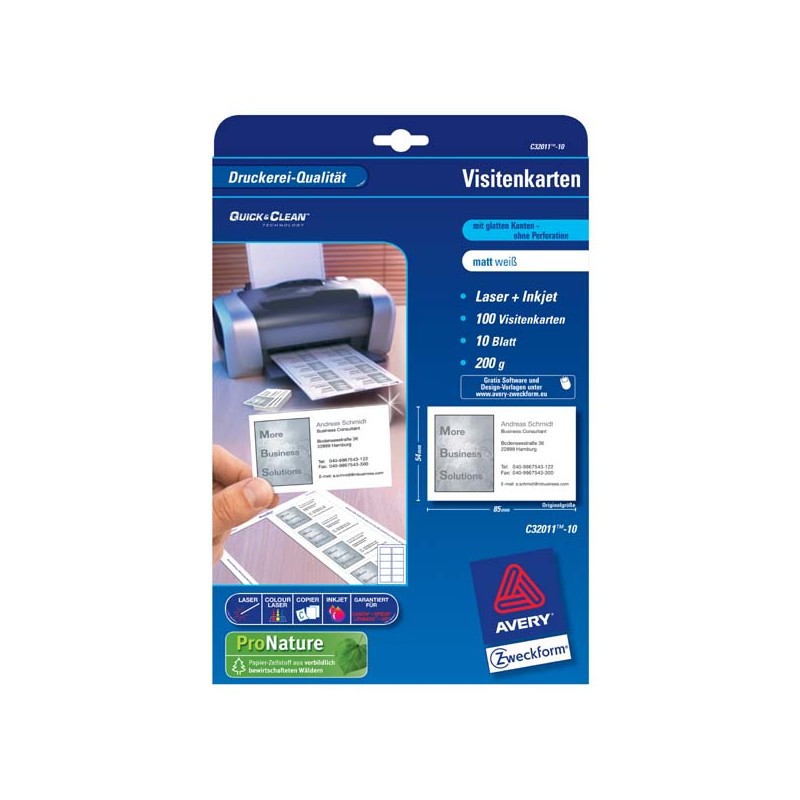 Avery Zweckform vizitky, matné, bílé, A4, 200 g/m2, 85x54mm, 10 listů, pro laserové a inkoustové tiskárny, O