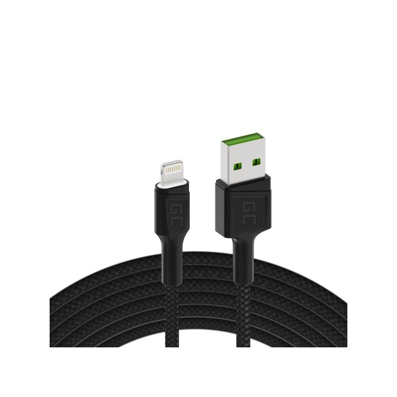 Kabel Green Cell Ray USB-A - Lightning bílá barva, LED 120cm pro Apple 2.4A, rychlonabíjení