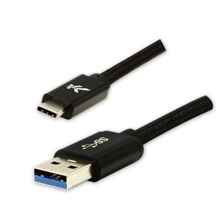 Logo USB kabel (3.2 gen 1), USB A samec - USB C samec, 2m, 5 Gb/s, 5V/3A, černý, box, nylonové opletení, hliníkový kryt