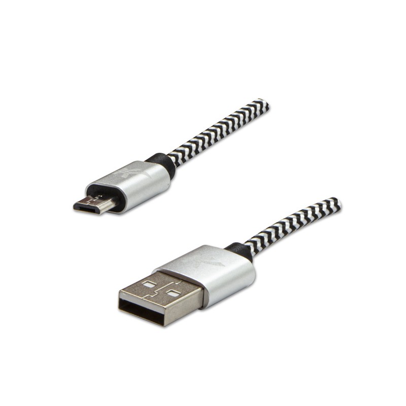 Logo USB kabel (2.0), USB A samec - microUSB samec, 1m, 480 Mb/s, 5V/2A, stříbrný, box, nylonové opletení, hliníkový kryt