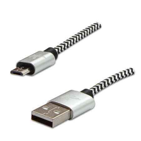 Logo USB kabel (2.0), USB A samec - microUSB samec, 1m, 480 Mb/s, 5V/2A, stříbrný, box, nylonové opletení, hliníkový kryt