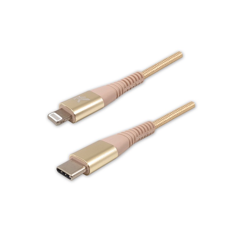 Logo USB kabel (2.0), USB C samec - Apple Lightning samec, 1m, MFi certifikace, 5V/3A, zlatý, box, nylonové opletení, hliníkový