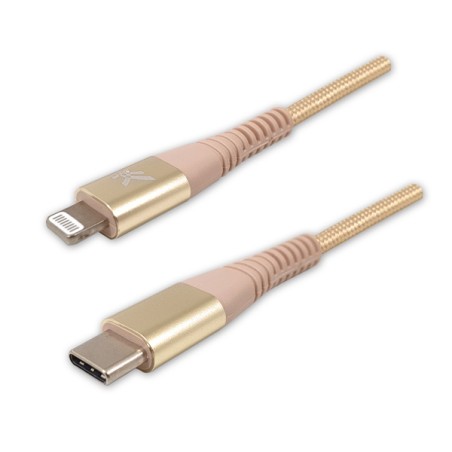 Logo USB kabel (2.0), USB C samec - Apple Lightning samec, 1m, MFi certifikace, 5V/3A, zlatý, box, nylonové opletení, hliníkový