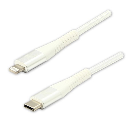 Logo USB kabel (2.0), USB C samec - Apple Lightning samec, 2m, MFi certifikace, 5V/3A, bílý, box, nylonové opletení, hliníkový