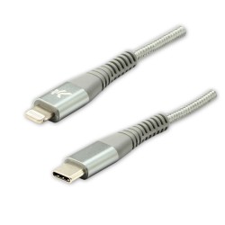 Logo USB kabel (2.0), USB C samec - Apple Lightning samec, 2m, MFi certifikace, 5V/3A, stříbrný, box, nylonové opletení