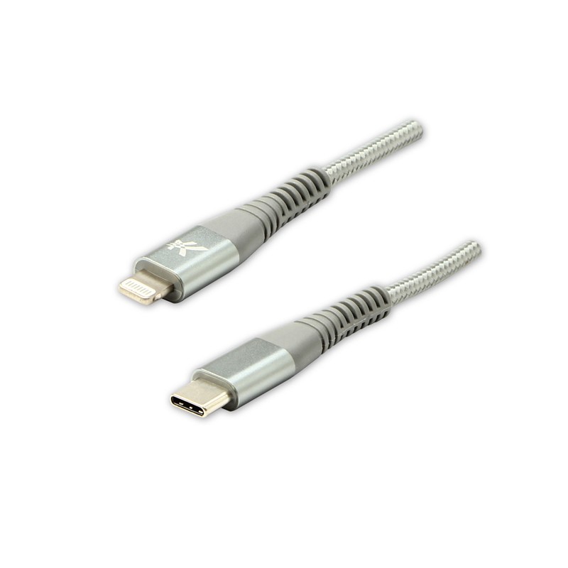 Logo USB kabel (2.0), USB C samec - Apple Lightning samec, 2m, MFi certifikace, 5V/3A, stříbrný, box, nylonové opletení