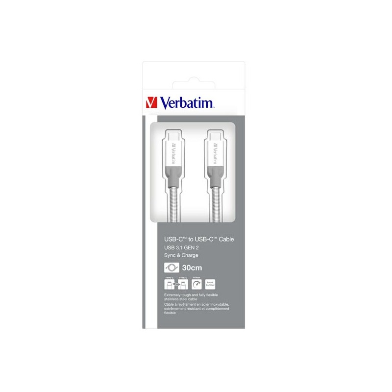 VERBATIM 48867 kabel USB-C to USB-C Sync & Charge Cable USB 3.1 GEN 2 30cm Silver _O2 polep