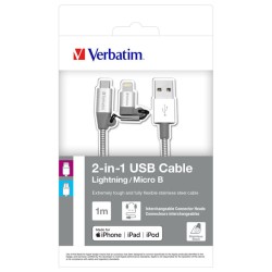 Verbatim USB kabel (2.0), USB A samec - microUSB samec + Apple Lightning samec, 1m, stříbrný, box, 48869, 2 in 1 - nastavitelná