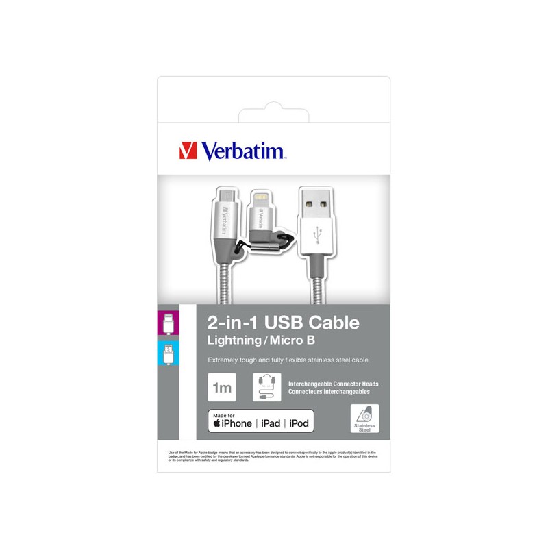 Verbatim USB kabel (2.0), USB A samec - microUSB samec + Apple Lightning samec, 1m, stříbrný, box, 48869, 2 in 1 - nastavitelná