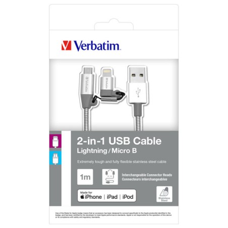 Verbatim USB kabel (2.0), USB A samec - microUSB samec + Apple Lightning samec, 1m, stříbrný, box, 48869, 2 in 1 - nastavitelná