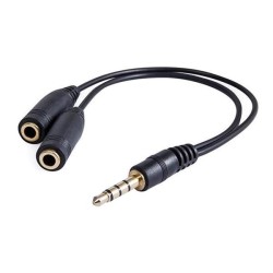 Audio redukce, Jack (3.5mm) samec 4-pólový - 2x Jack (3.5mm) samice, 0.2 m, stereo, černá, Logo blistr, DOPRODEJ