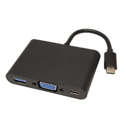 USB/Video převodník + HUB, DP Alt Mode, USB C samec - VGA (D-sub) samice + USB C samice (PD) + USB A sam, černý, plastic bag