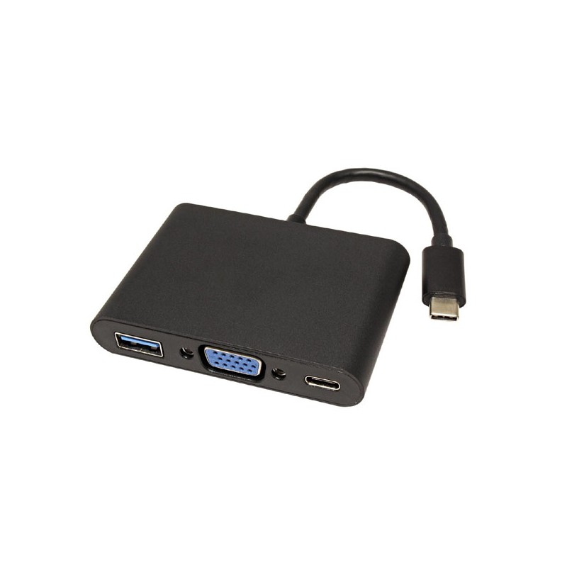 USB/Video převodník + HUB, DP Alt Mode, USB C samec - VGA (D-sub) samice + USB C samice (PD) + USB A sam, černý, plastic bag