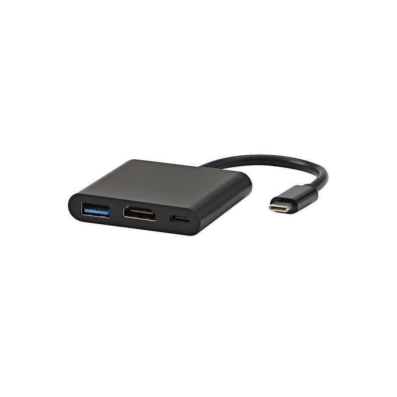 USB/Video převodník + HUB, DP Alt Mode, USB C samec - HDMI samice + USB C samice (PD) + USB A samice, černý, All New box